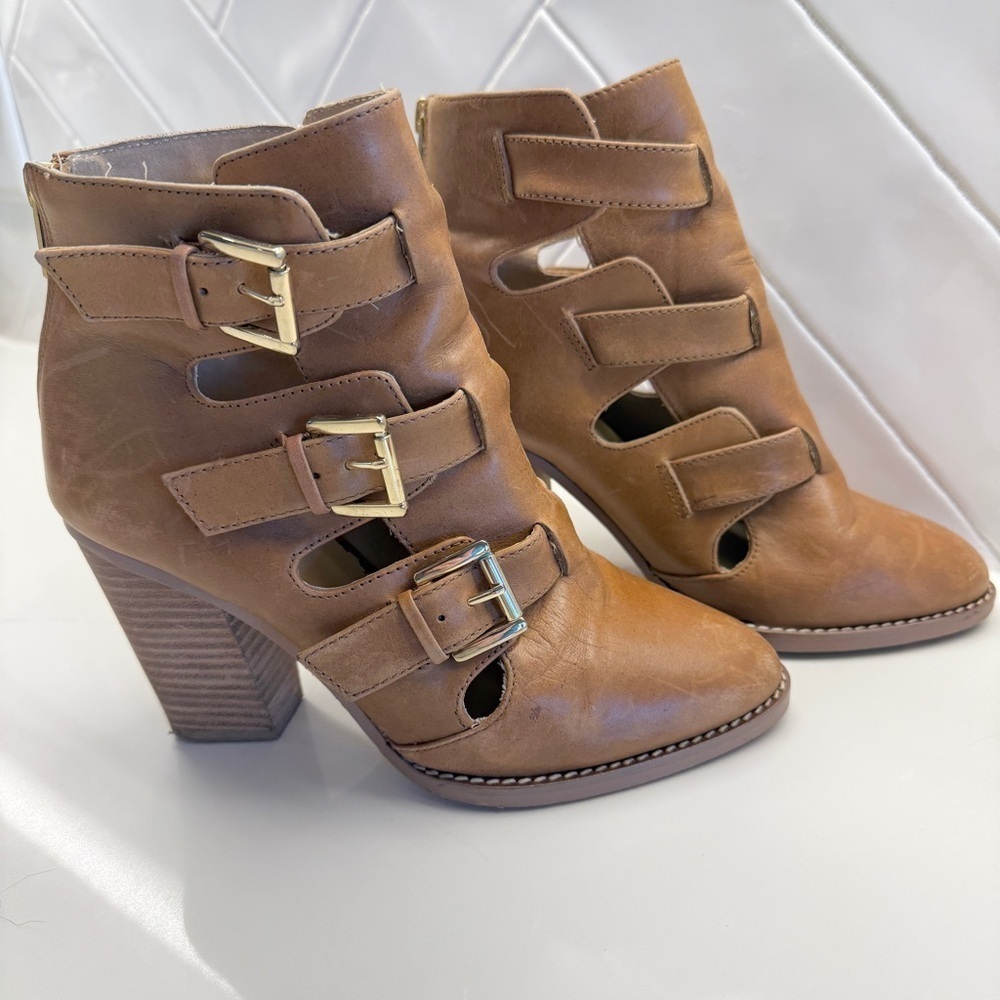 ASOS Women's Leather Brown Block Heel Booties Size 6 with Buckle Casual Summer - Picture 4 of 12